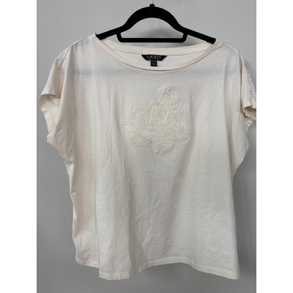 Lauren Ralph Lauren Womens XL Cream Floral Embroidered Monogram Cotton T-Shirt